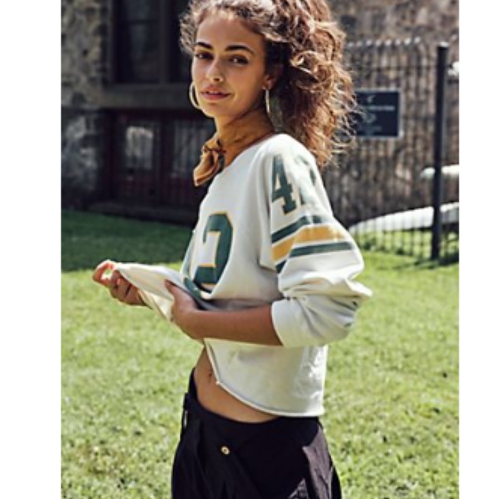 Free People White and Green 3/4 Sleeve Crop Jersey